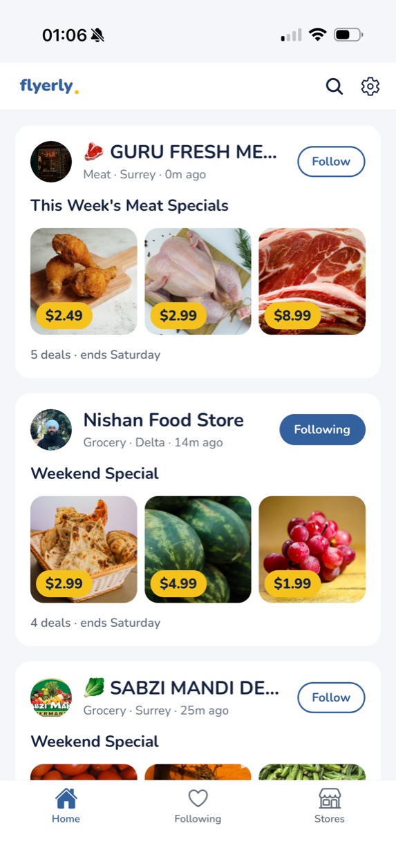 The Flyerly home feed on an iPhone, showing store cards for Guru Fresh Meats, Nishan Food Store and Sabzi Mandi Delta with deal photos and yellow price chips.