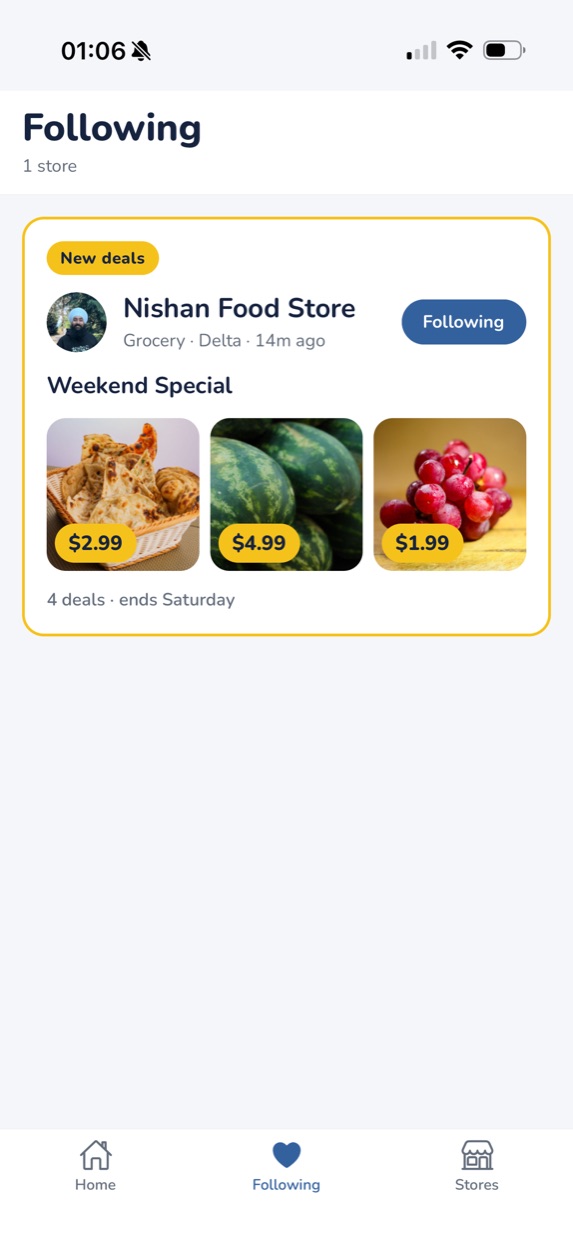 The Following tab in the Flyerly app, with a yellow 'New deals' badge on a store that has just published.